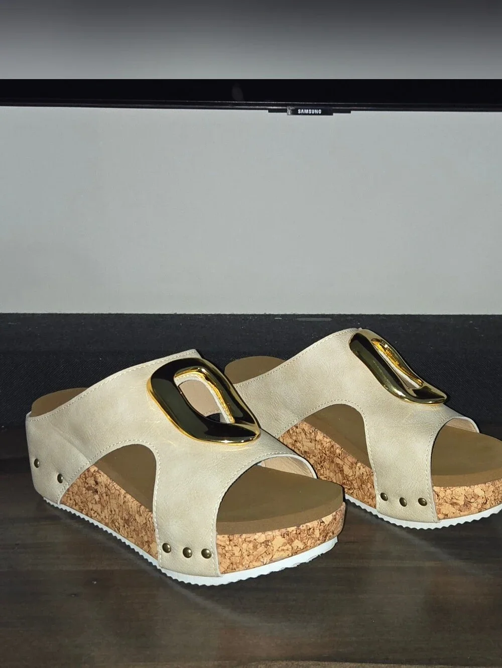 Beige Cork Wedge Slide Sandals with Gold Buckle Detail